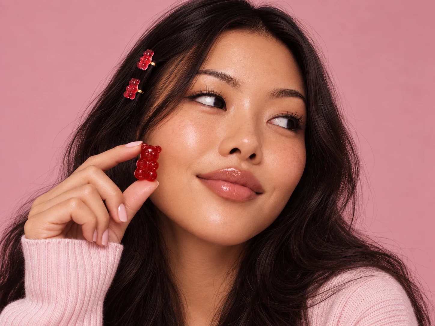 Woman holding a red Kuma gummy bear beside her cheek against a blush pink background