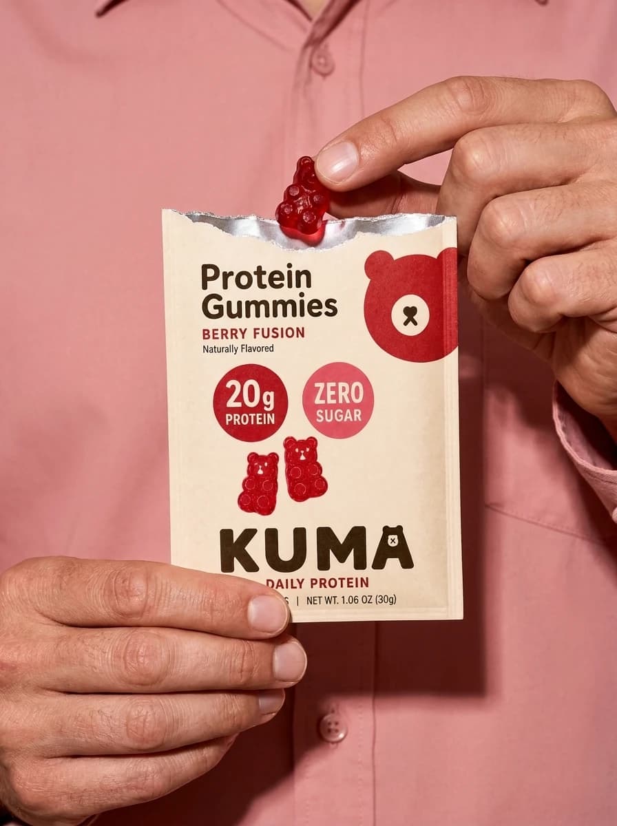 Hands tearing open a Kuma single-serve sachet and lifting out a protein gummy